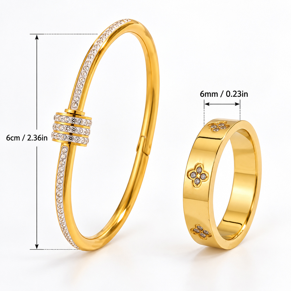 Rotatable Decor Bangle and Four-Leaf Clover Ring Set