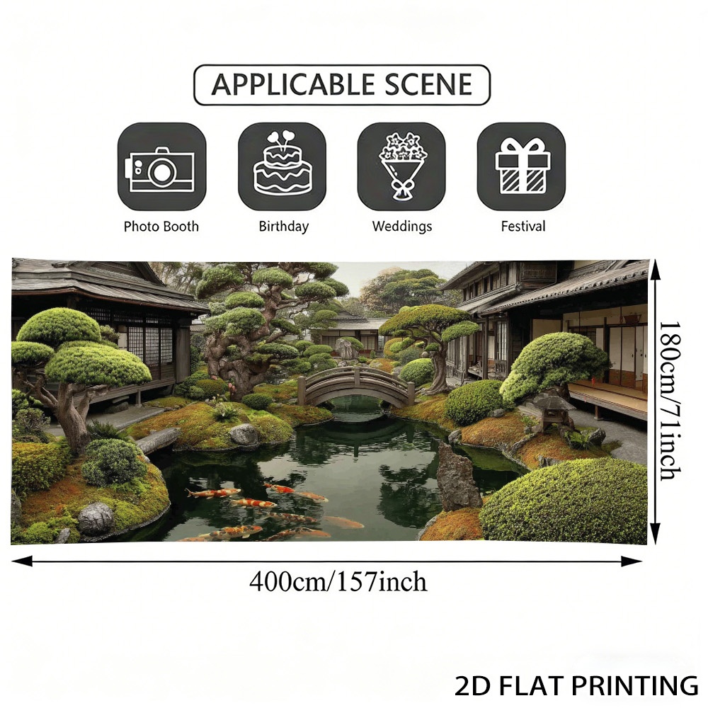TEMU (2d Flat) 1pc Japanese Garden Koi Pond Garage Door Banner, , Polyester Fiber, Suitable For Fence And Wall Decoration, Backyard, Poolside