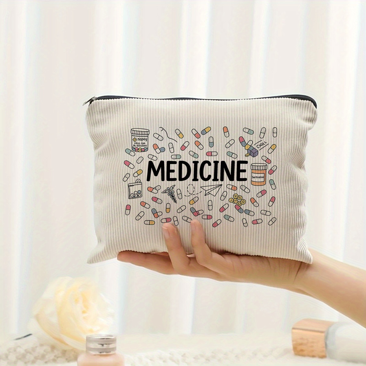 Image of Medicine-themed Pill Print Corduroy Makeup Bag - Lightweight Zippered Toiletry Organizer With "medicine" Text, Multifunctional Travel Cosmetic Storage Pouch For Pill Bottles &