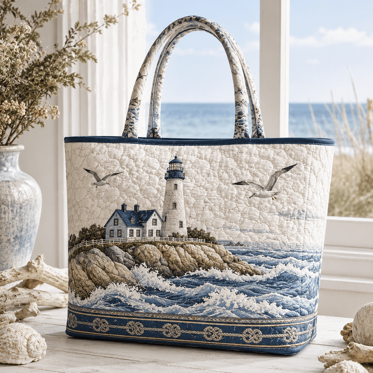 TEMU Women's Vintage Coastal Lighthouse Tote Bag - Large Capacity Zipper Handbag Suitable For Travel, Beach Vacation & Daily , Machine Washable With