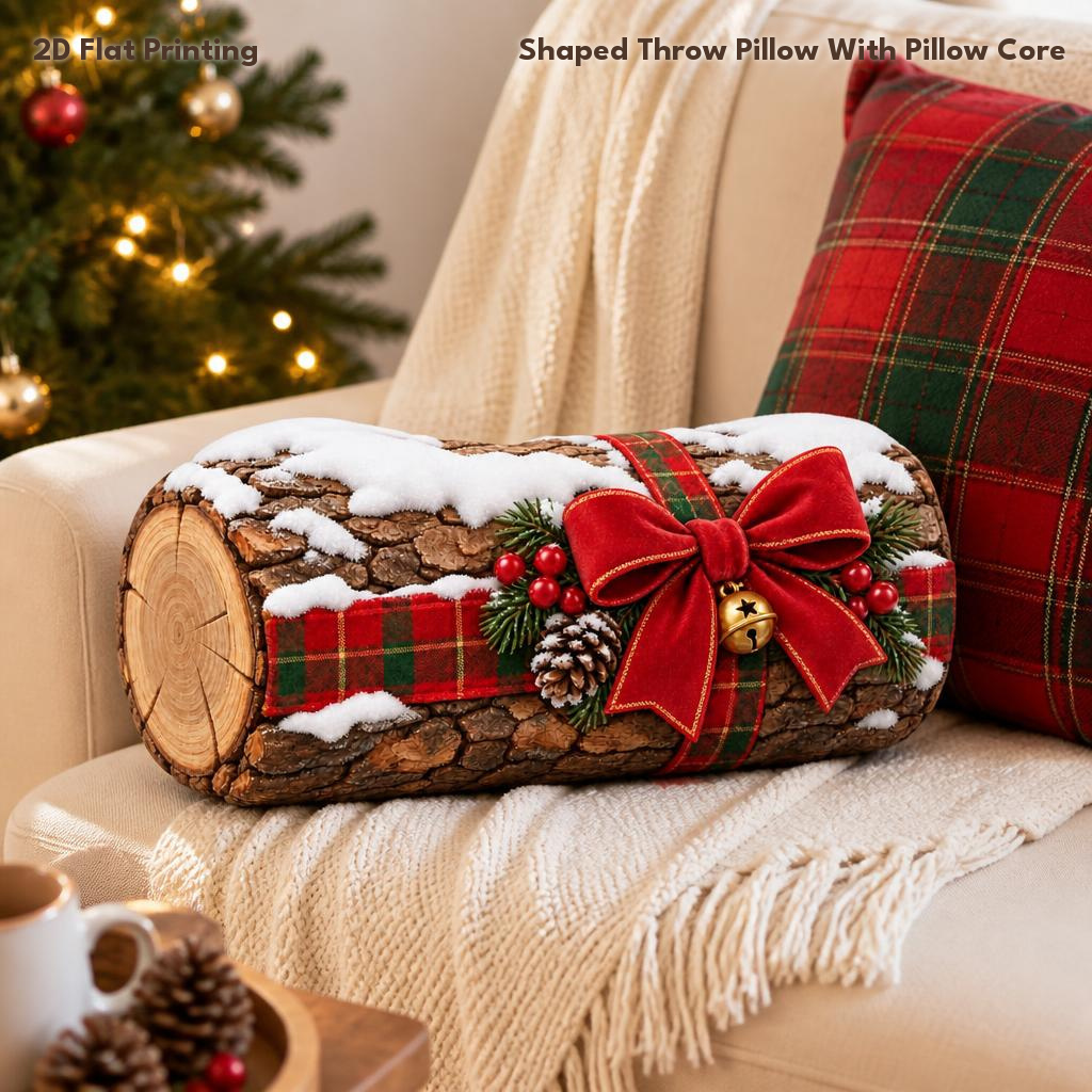 TEMU Coussin décoratif de bûche de Noël avec nœud cadeau, houx, plaid et neige festifs, impression 2D à plat, pour cadeau, chambre, canapé, salle,