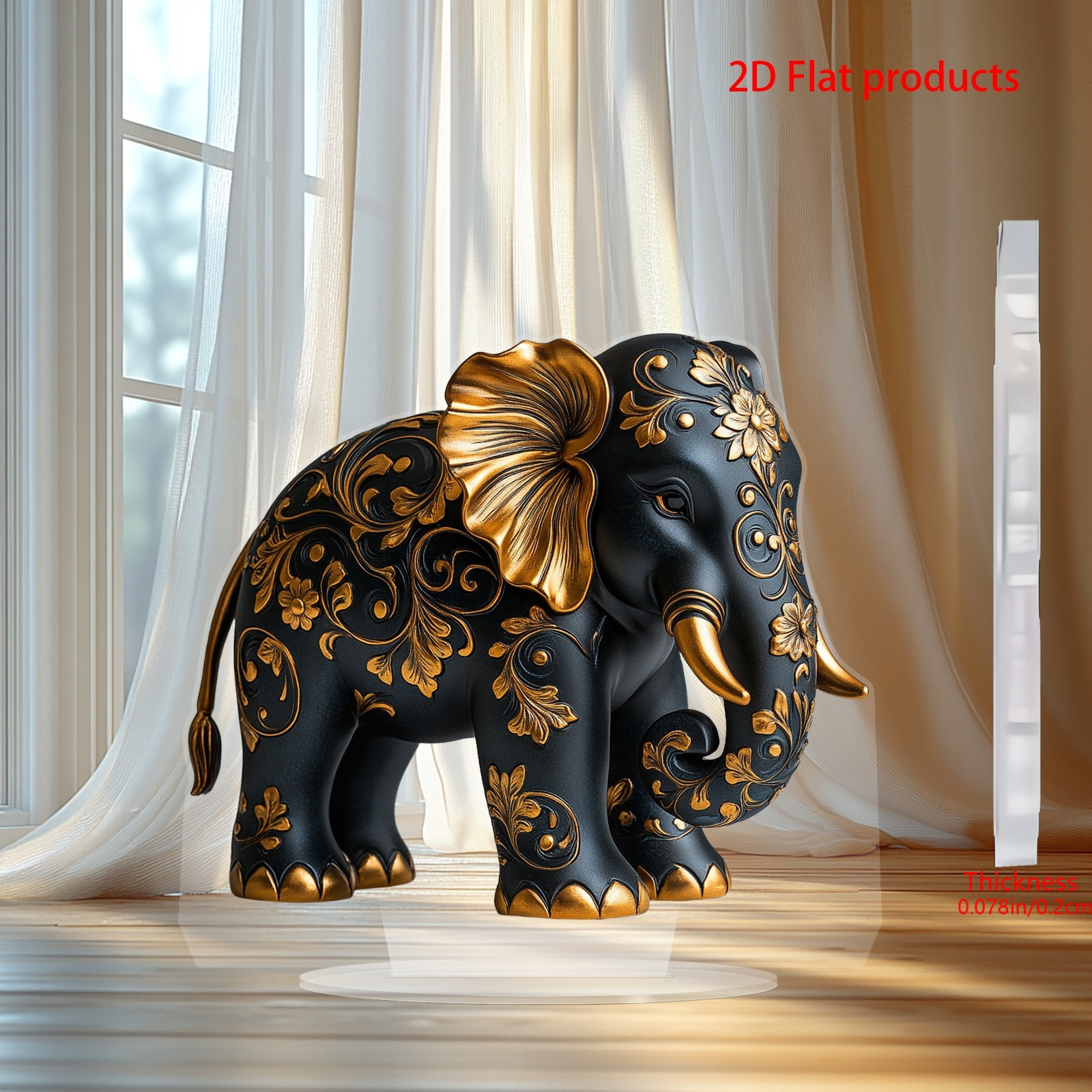 TEMU Plat 2D, Plat 2D Ornement de Table Élégant Éléphant - Décoration Florale Noire et Dorée, Aucun avec , Décoration de Bureau en Acrylique Fin (0,2