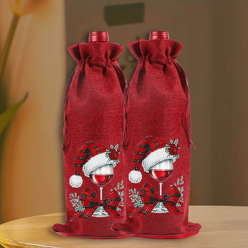 TEMU 1pc 5d Diamond Painting Wine Bag Set, Christmas Hat Wine Glass Pattern Style Red Wine Decorative Bag Diamond Painting Kit, Holiday Party Gift,