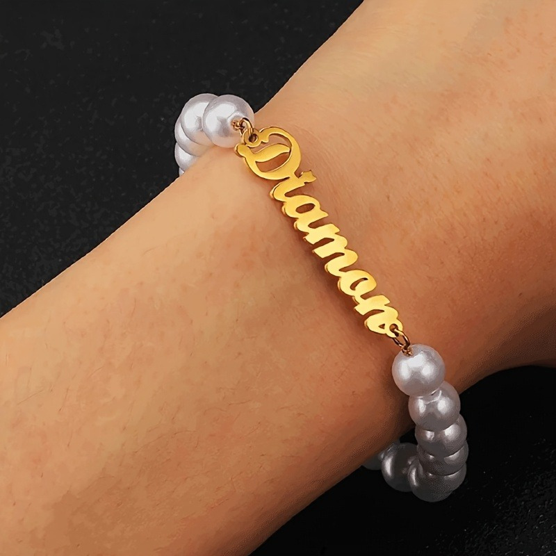 TEMU Personalized Custom Name/number Bracelet With Custom White - Name/number Beads - Elegant Retro Jewelry Gift Suitable For Women, Mom, Daughter -