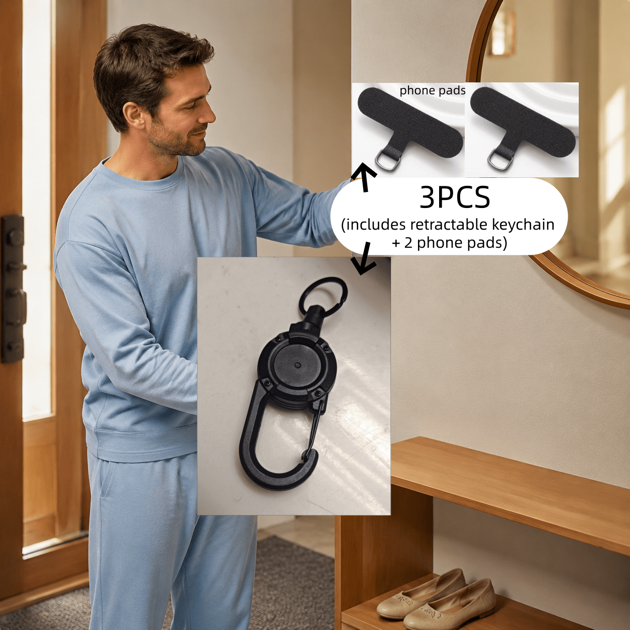 TEMU Lot de 3 pièces (porte-clés rétractable + 2 supports pour téléphone) Porte-clés rétractable à câble en acier noir - Matériau ABS durable, à