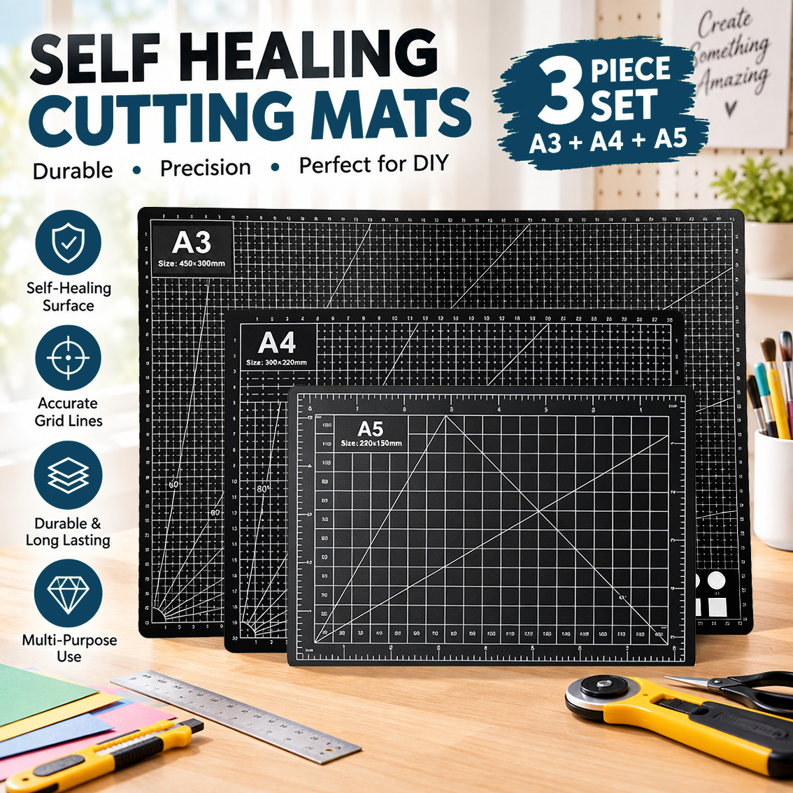 TEMU 3pcs Set Of Black Cutting Mats, Pp Material Double Sided 1mm Thin Craft Mats With 3 Different Sizes, Multifunctional Cutting Board Suitable For