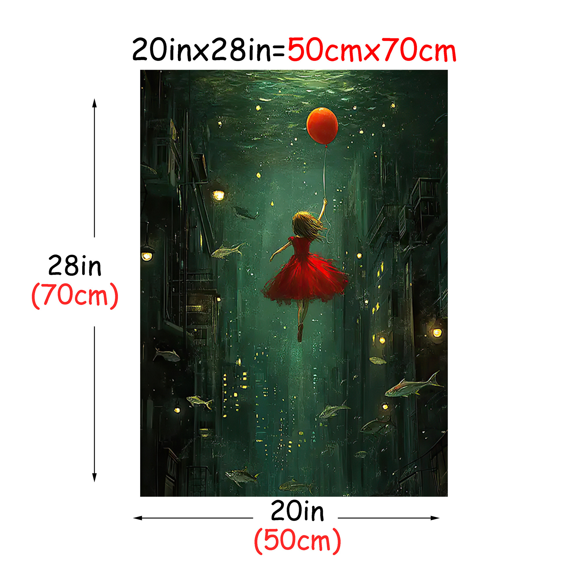 TEMU 1pc Frameless Dream Cityscape Canvas Art – Whimsical Dress & Floating Fish, Imaginative Underwater Scene With Balloons & Stars, Bedroom, Dorm,