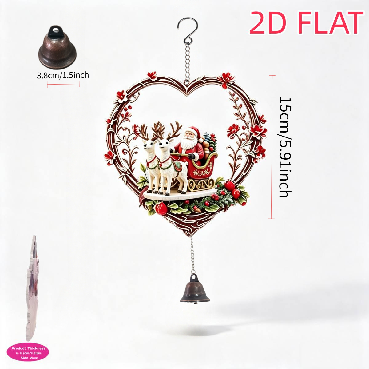 TEMU 2d Flat Acrylic Christmas Heart Wreath Santa Reindeer Sleigh Wind Chime Hanging Ornament 2d Flat Decorative Hanging, Floral Branch Vintage