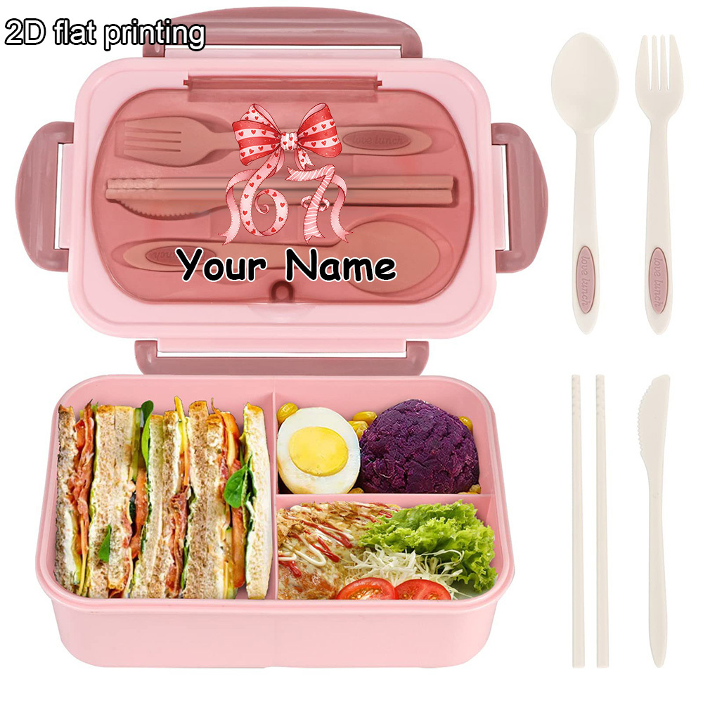 Image of 1pc Customizable Lunch Box With Name, Red Bowknot Themed Meal Prep Container For School , Portable Bento Box With Compartments And Utensils, Cute Cartoon Print Food Carrier