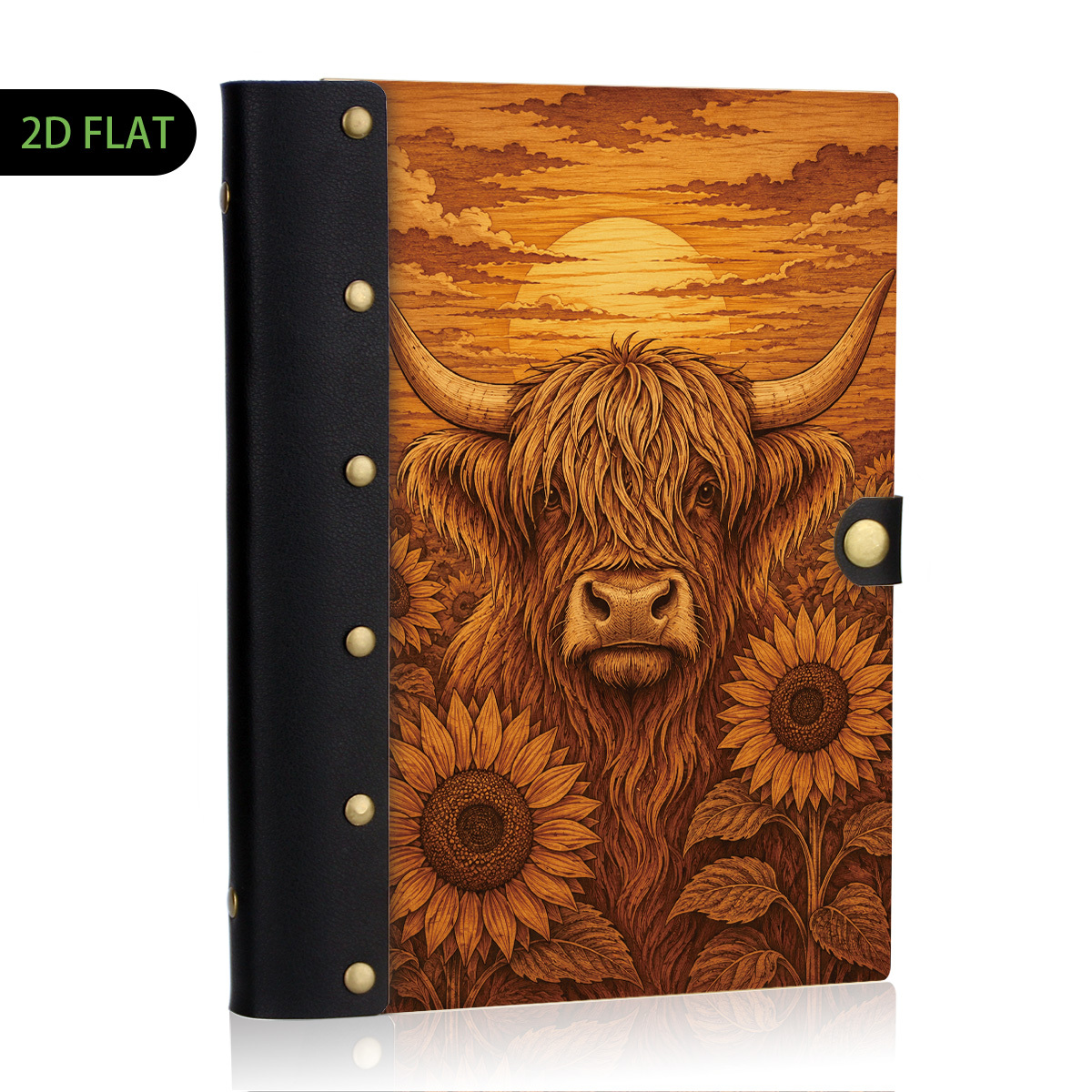 TEMU 1pc 2d Flat Highland Cow Sunflower Wooden Hardcover Notebook, 100 Pages Refillable Loose Leaf Journal, 6-ring Metal Binder, Leather Spine, Metal