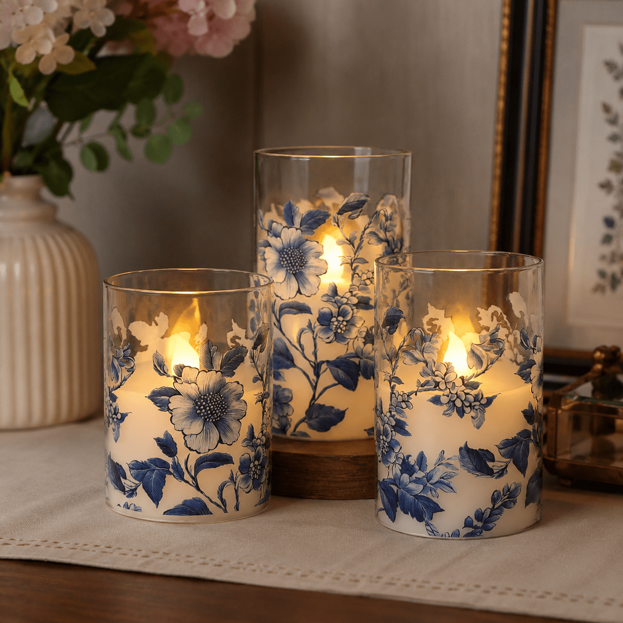 TEMU Flameless Candles, 3-pack Blue Floral Led Pillar Candles, Vintage Flower Flameless Candle Lights With Warm Flickering Glow, Battery Operated