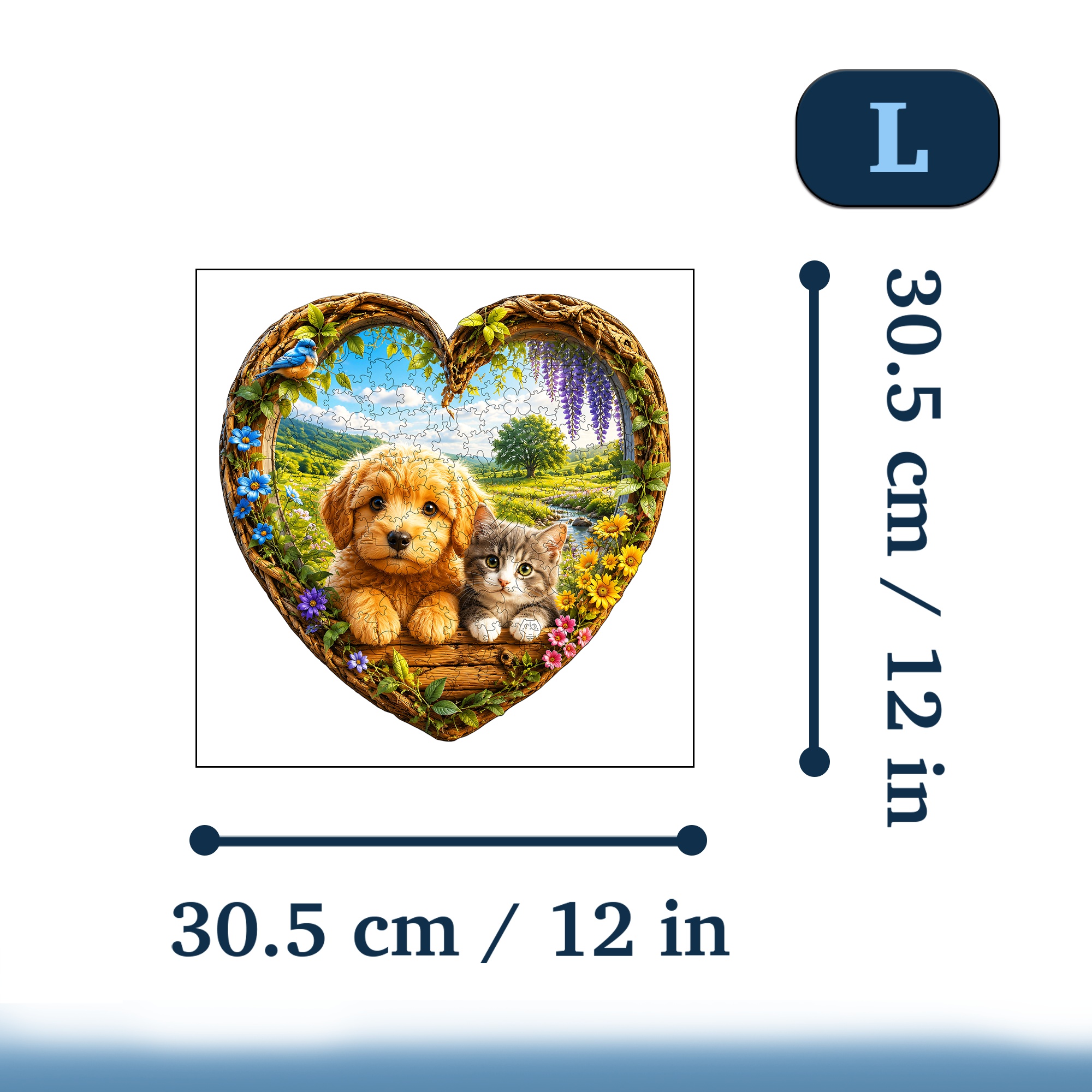 Puppy and Kitten Garden Scene Flat Wooden Puzzle for Kids
