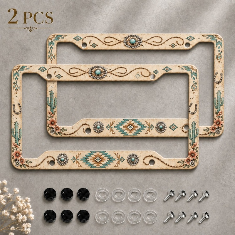 TEMU 2pcs Set Geometric Print Boho Western License Plate Frame Set, Rectangular Car Decoration For Women, For Daily Commutes, Birthday Gift For Mom,
