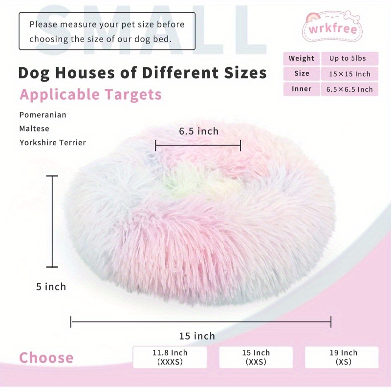 calming donut dog bed for small dogs up to 5 lbs - 15-inch round washable soft pet bed with plush polyester, anxiety relief & warm  ,   & pink indoor puppy bed for chihuahuas, pomeranians, shih tzus - no   Product details 1