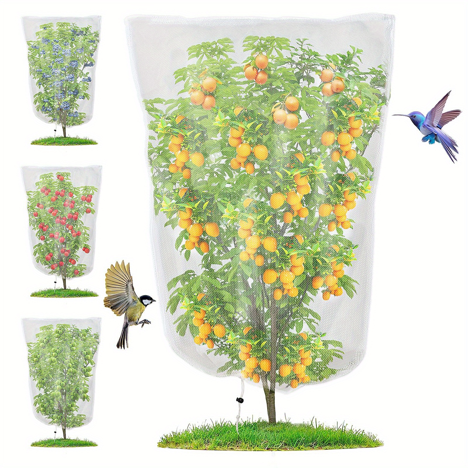 E-shop 4er-Pack Garten Pflanzenschutznetz mit Kordelzugverschluss, Insekten- und Vogelabwehrnetz, für Blaubeerensträucher, Tomaten, Gemüse, Bäume,
