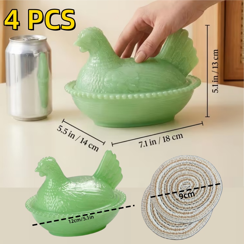 TEMU 4pcs Of 2 Chicken-shaped Glass Storage Jars And 2 Placemats, Suitable For Living Rooms, Kitchens, Offices, Bedrooms, Snack Decoration Plates,
