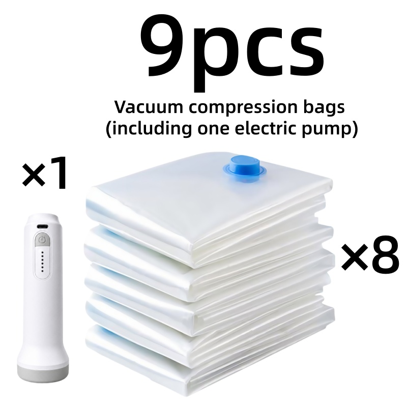 TEMU This 9pcs Vacuum Packing Bag Set (including Pump) Is Perfect For Storing Clothes, Bedding, And Travel Essentials. Reusable, Transparent