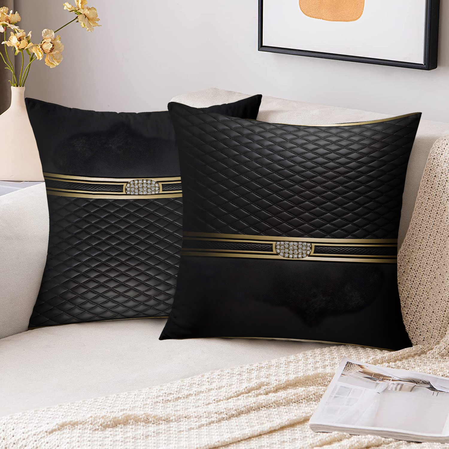 

2pcs Elegant Black & Golden Diamond Pattern Throw Pillow Covers, 18"x18" Soft Polyester, Dual-sided Print, Style With Invisible Zipper For Living Room & Bedroom Decor - No Insert Included