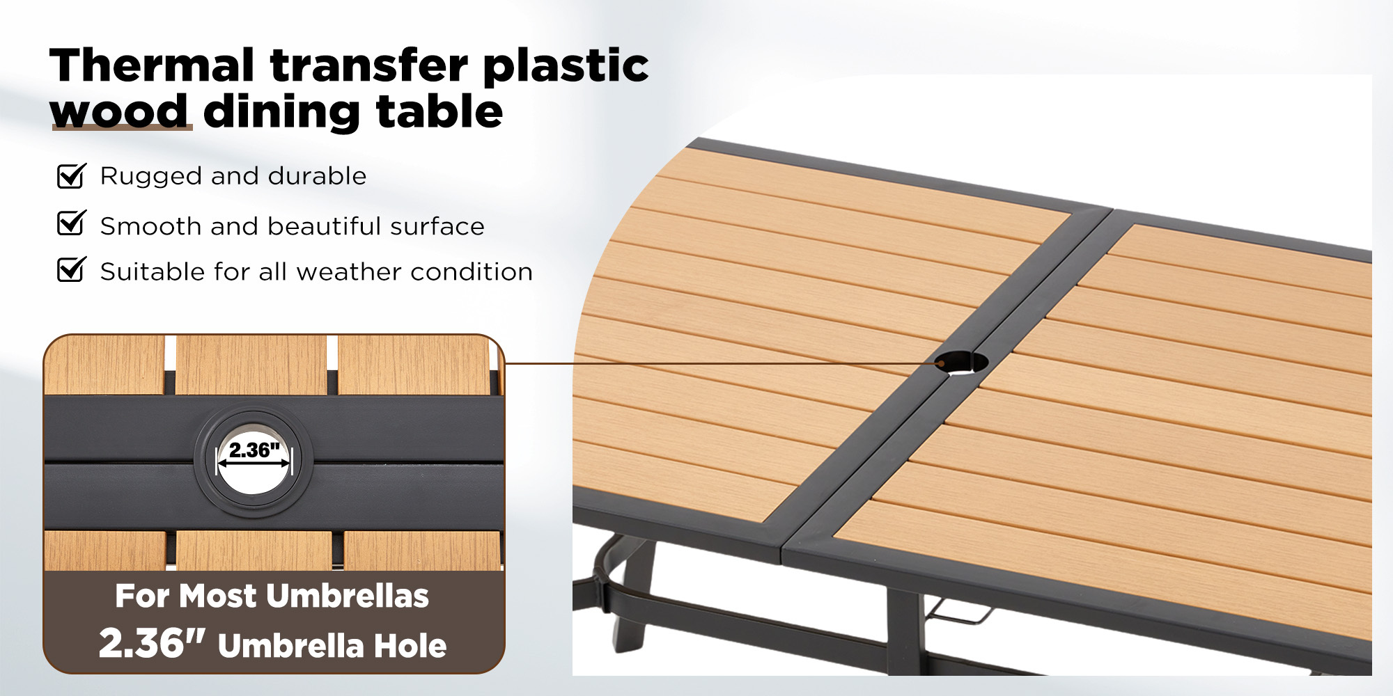 Outdoor Dining Set for Seven, Featuring a Rectangular Table with an Umbrella Hole And Six Rattan Chairs, Suitable for All Weather Conditions, Perfect for Your Backyard, Lawn, Or Garden