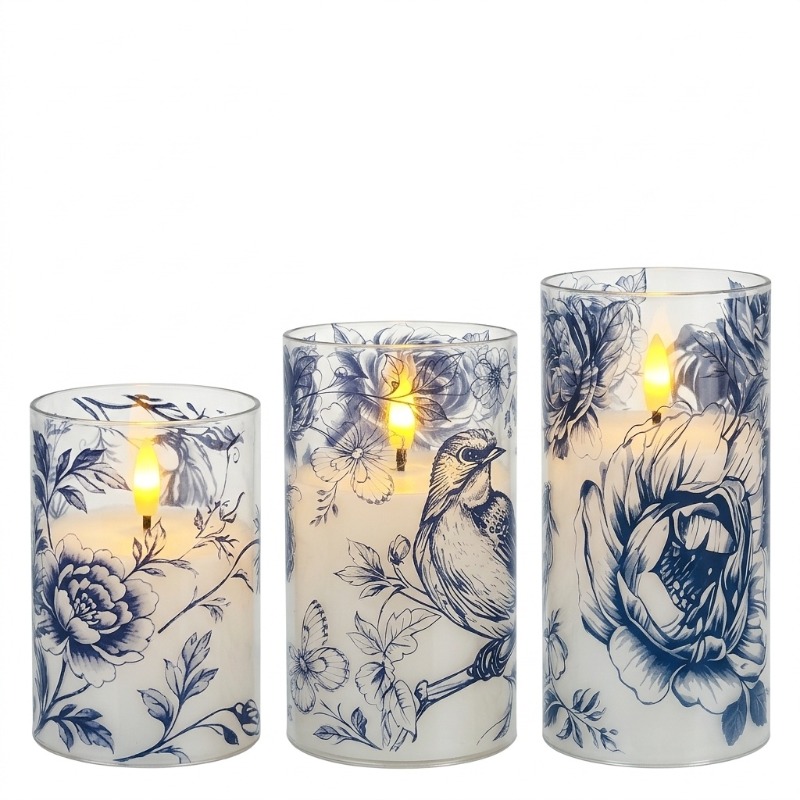 TEMU 3pcs Blue And White Blue And White Porcelain Style Led Electronic Candles Set With Remote Control, Multi-level Timer, And Simulated Flame.