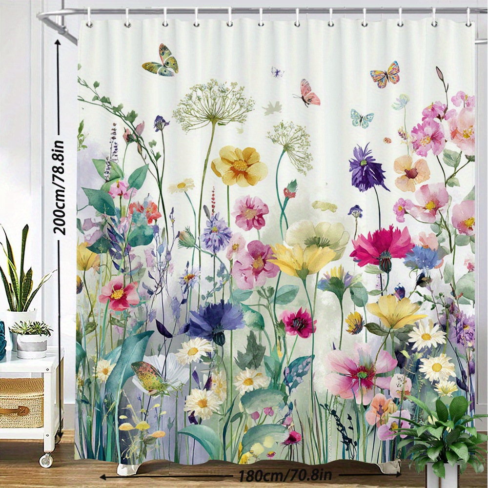 TEMU 1pc Colorful Garden Shower Curtain Bath Curtain With Watercolor Daisies Poppies And In Purple And White Botanical Bathroom Curtains Home