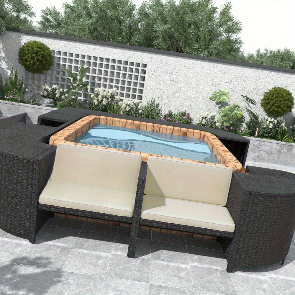 [Outdoor All Weather Sofa] Patio Rattan Sofa Set Spa Surround Spa Frame With Storage Spaces, Outdoor All Weather Round Conversation Sofa Set With Acacia Wood Seats And Waterproof Cushion, Free Combination
