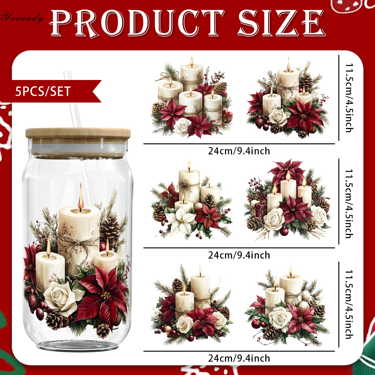 TEMU Set de 5 Flores y Velas con Temática Navideña, Papel de Transferencia de 16Oz para Aplicaciones UV DTF en Tarros de Cristal de 16 Oz