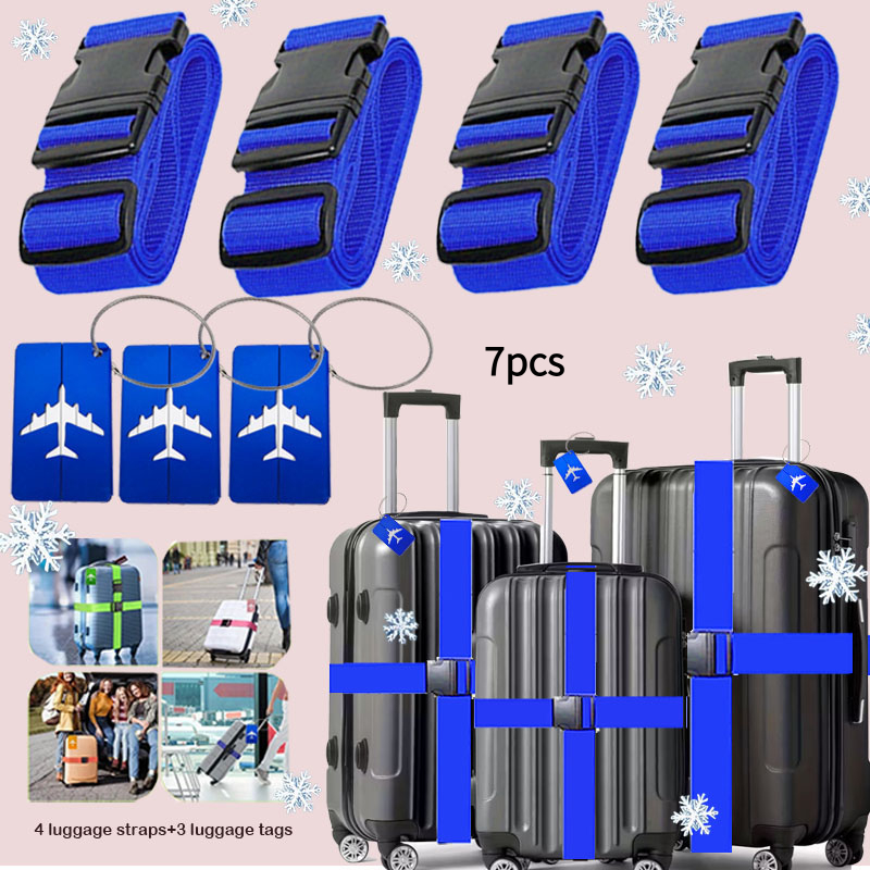 TEMU 10pcs/7pcs Luggage Strap Set (luggage Belt And Tag) Adjustable Luggage Bundling Strap And Tag Set, Travel Adjustable Suitcase Strap. Luggage Tag