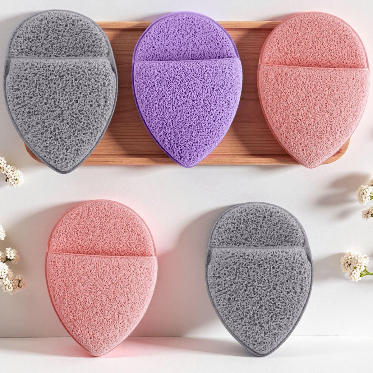 TEMU 5pcs Deep Cleansing Facial Sponges - Gentle Makeup Removal, Suitable For All Light Beige , Material, Soft Cleansing Pads, Unisex, Neutral