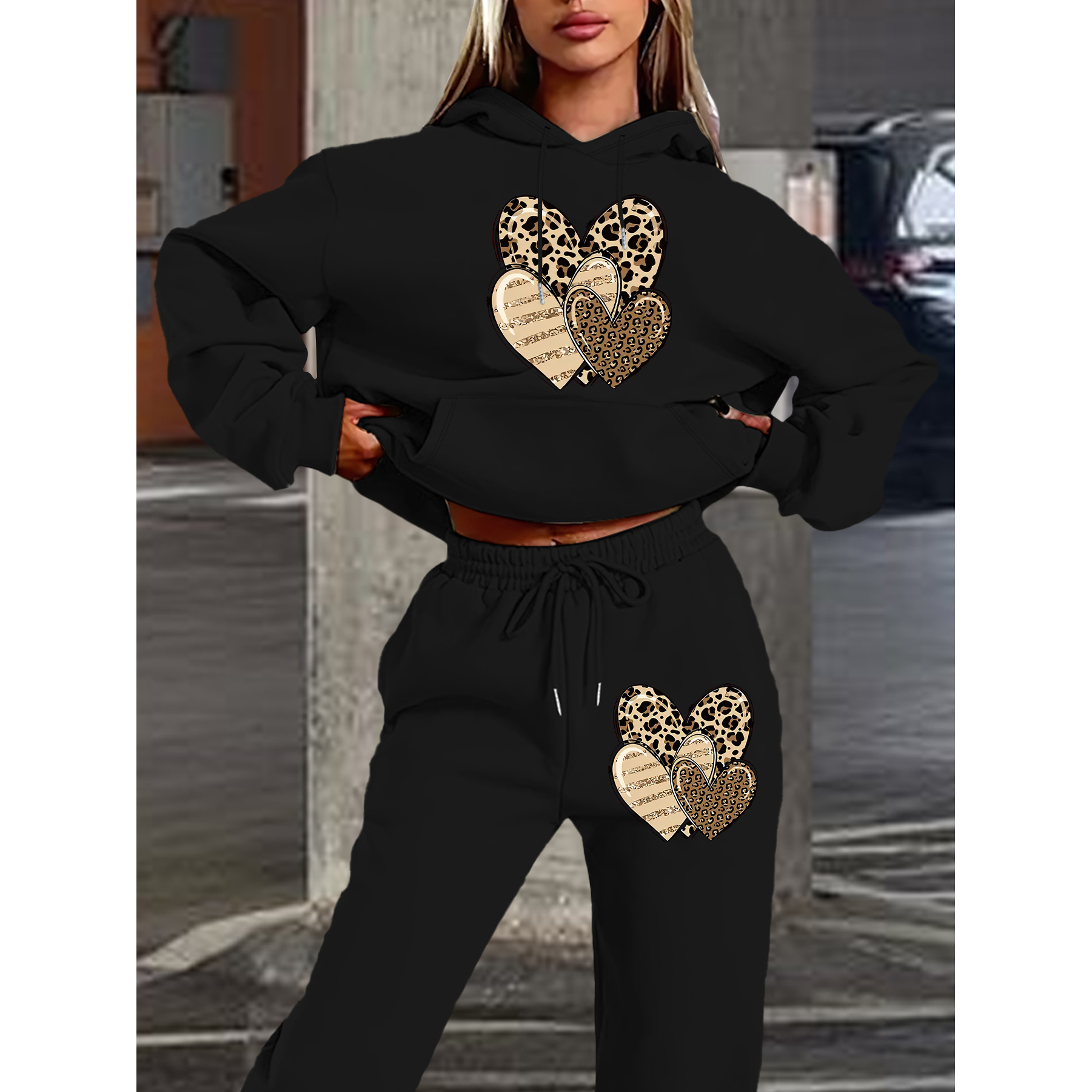 

Heart Pantsuits, Long Sleeve Kangaroo Pocket Hooded Sweatshirt & Waist Pants Outfits, Women's Clothing