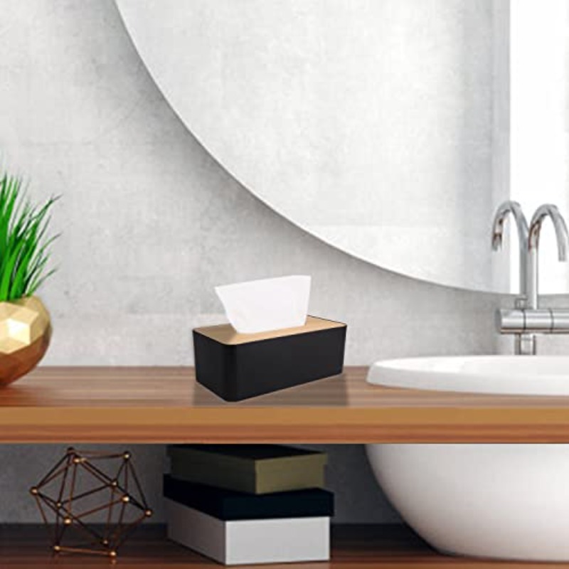 modern   tissue box holder with white lid - elegant rectangular or round design, durable plastic & bamboo construction, scratch-resistant surface protector, fits bathroom, office, home - compatible with square & round tissues (9.7x5x3.6in) - decorative storage organizer Product details 3