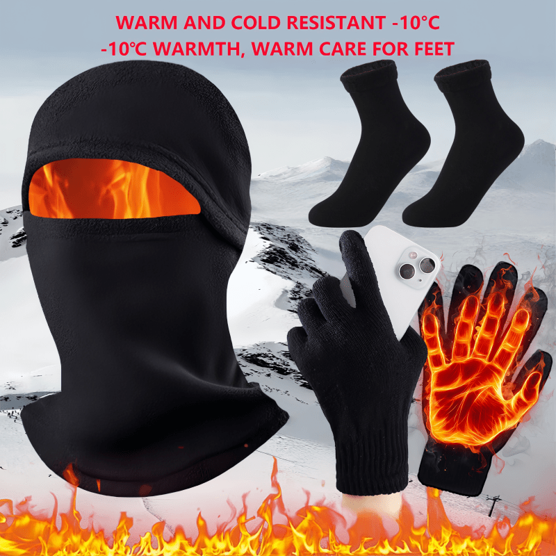 3pcs Winter Thermal Set: Touchscreen Gloves, Socks & Balaclava Face Mask with Ear Protection - Cold Weather Gear for Skiing, Running, Smartphone Use - Smartphone-Compatible Hand Warmers (Men & Women) 