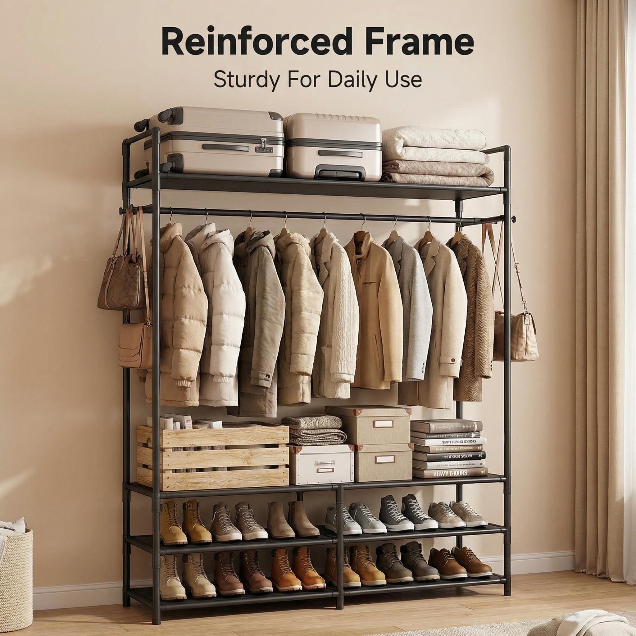 2026 new 23 inch 3 in 1 black metal garment rack free standing entryway organizer with 5 shelves 8 hooks assembly multi functional storage stand for clothes shoes hats bags and umbrellas