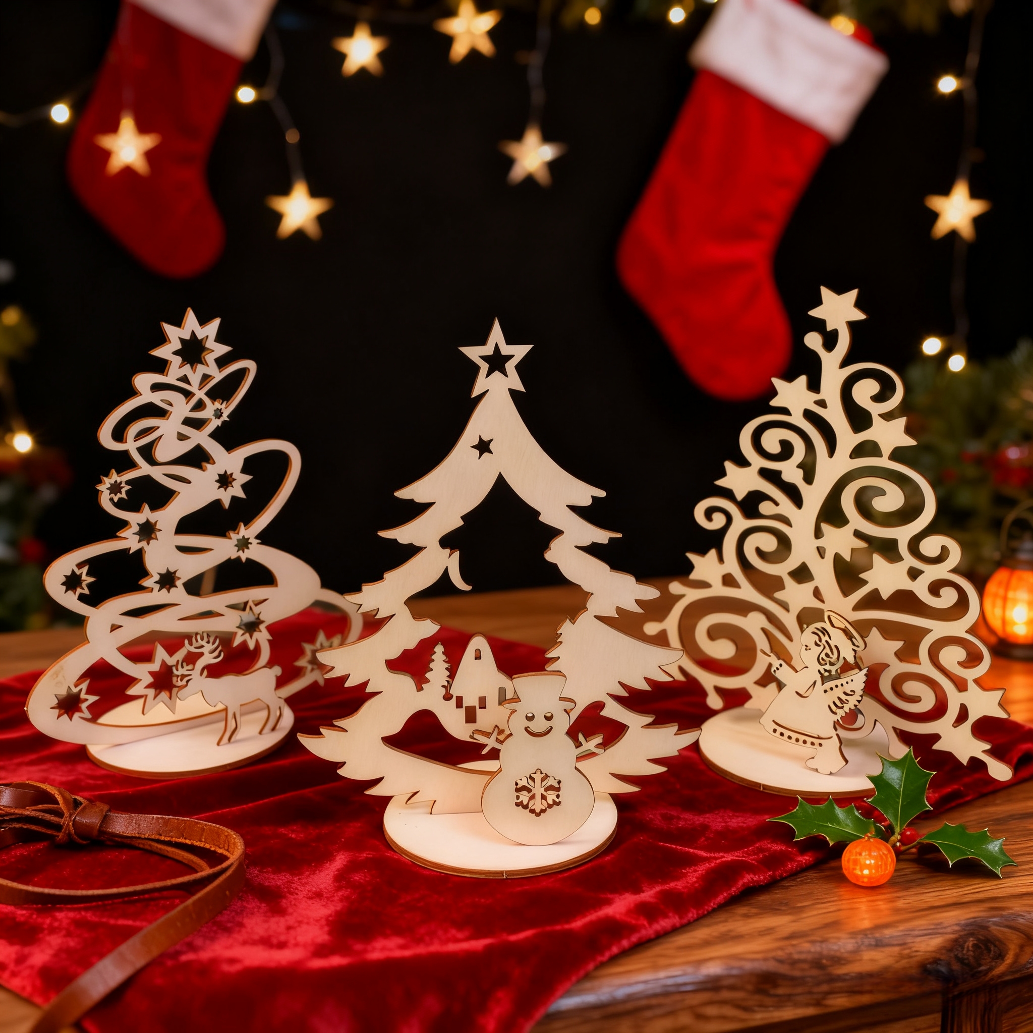 Image of 3pcs Wooden Christmas Sleigh Decorations With Snowman Collectible Figurines, Reindeer, And Christmas Tree - Tabletop Ornaments For Xmas Home Decor