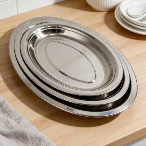 3 pack stainless steel oval platters 30 35 40cm serving trays for fruits and treats dishwasher safe silvery