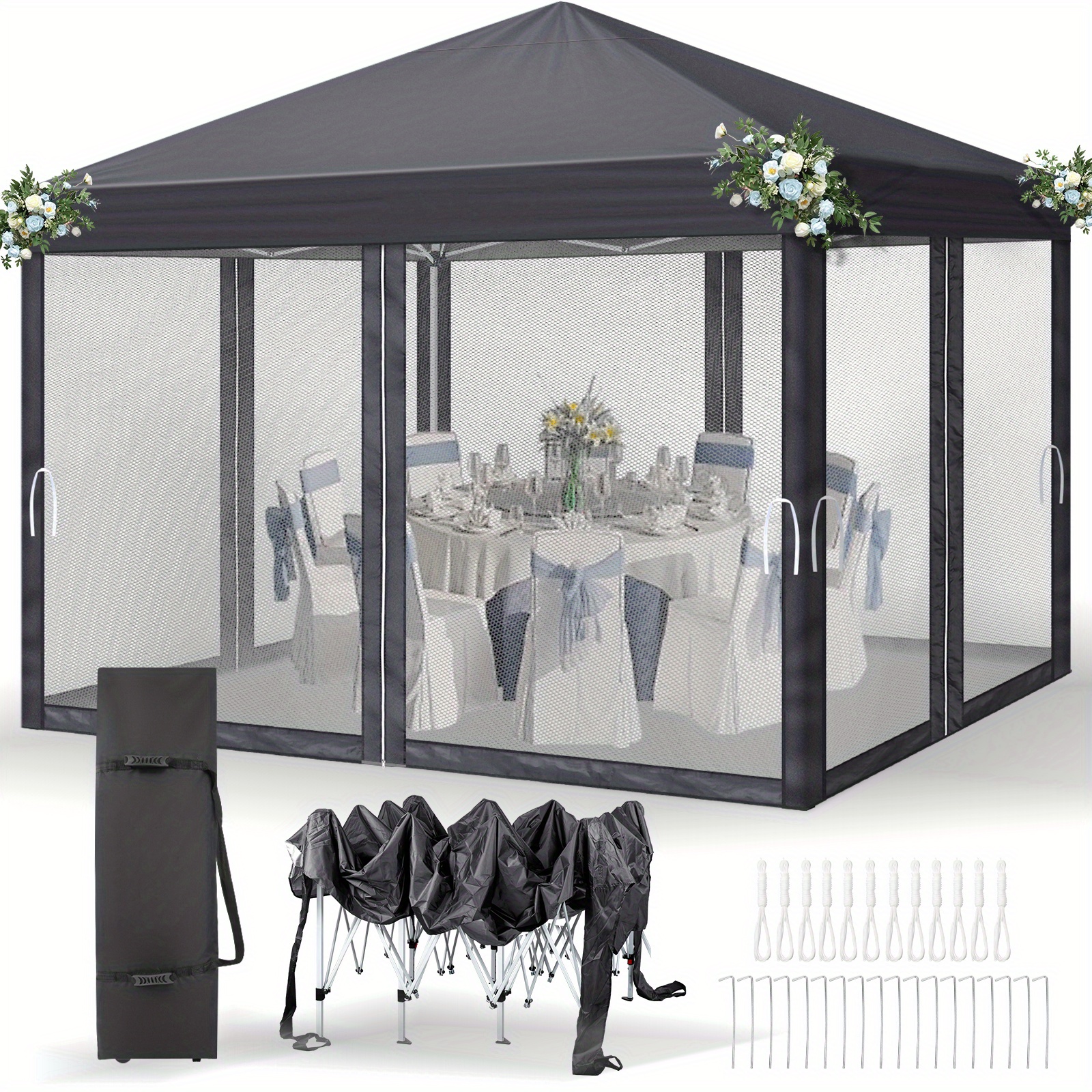 Image of 10*10ft Dark Gray 4-sided Mesh - 2 Doors 25/20mm Foot Tubes 10x18mm Foldable Tent With Carrying Bag No Sandbags Portable