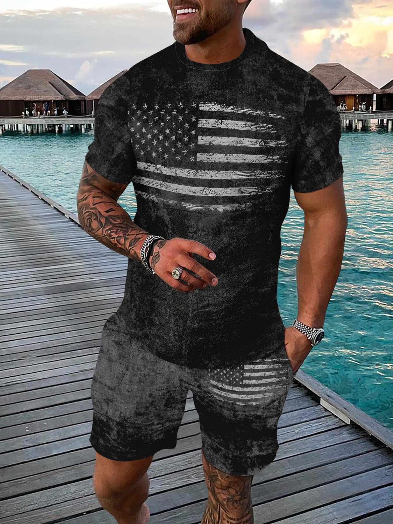 Conjunto deportivo para hombre, estampado en 3D con estadounidense de  punto de poliéster transpirable, camiseta de cuello