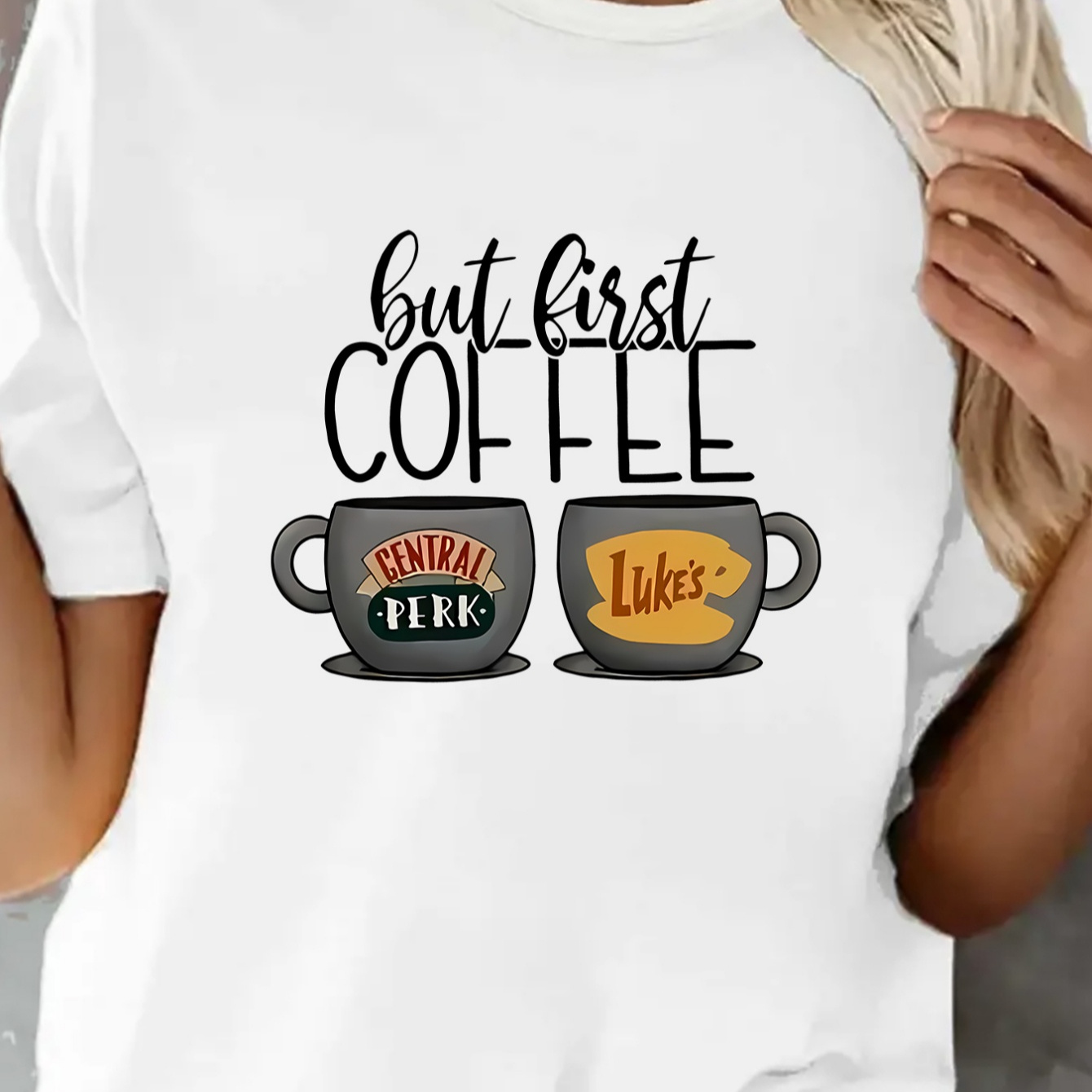 

1pc Women's Casual Round Neck T-shirt With " Coffee" Print, Polyester Knit Fabric, Fit, 's Graphic Tee