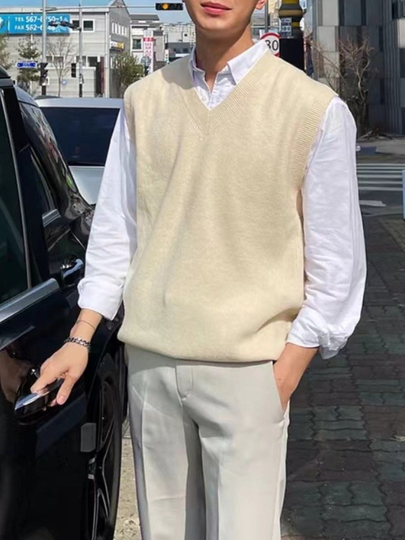 mens beige v neck knit vest sleeveless casual layering piece