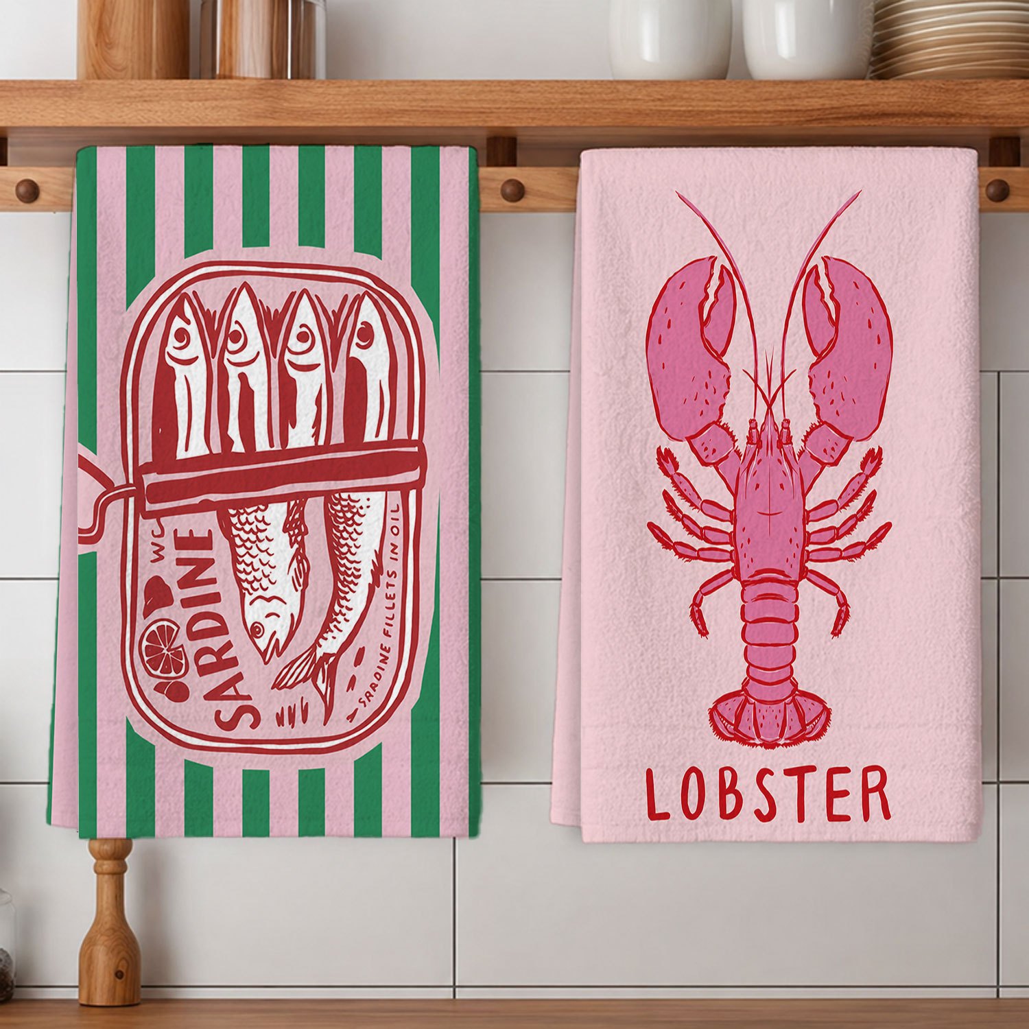 TEMU 2pcs Kitchen Towels Striped Sardine Can Lobster Pattern Printed Rectangular Microfiber Kitchen Towels, Absorbent Dishcloth, Tablecloth, Hand