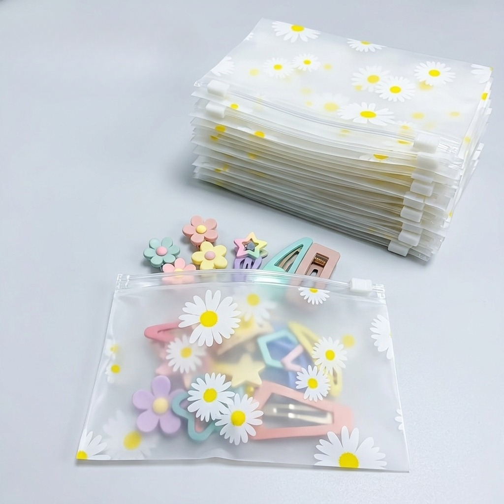 TEMU 10pcs Thickened Daisy Printed Frosted Plastic Zipper Bags Reusable Semi-transparent Sealed Storage Pouches For Cosmetics Skincare Jewelry Hair