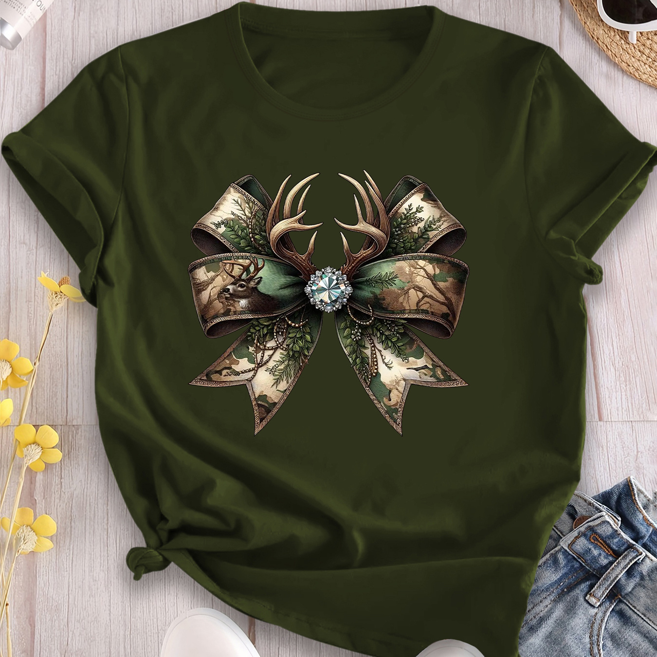 

Deer Plant Bow Print Round Neck T-shirt, Sports Casual Daily Tops, Women's Clothing