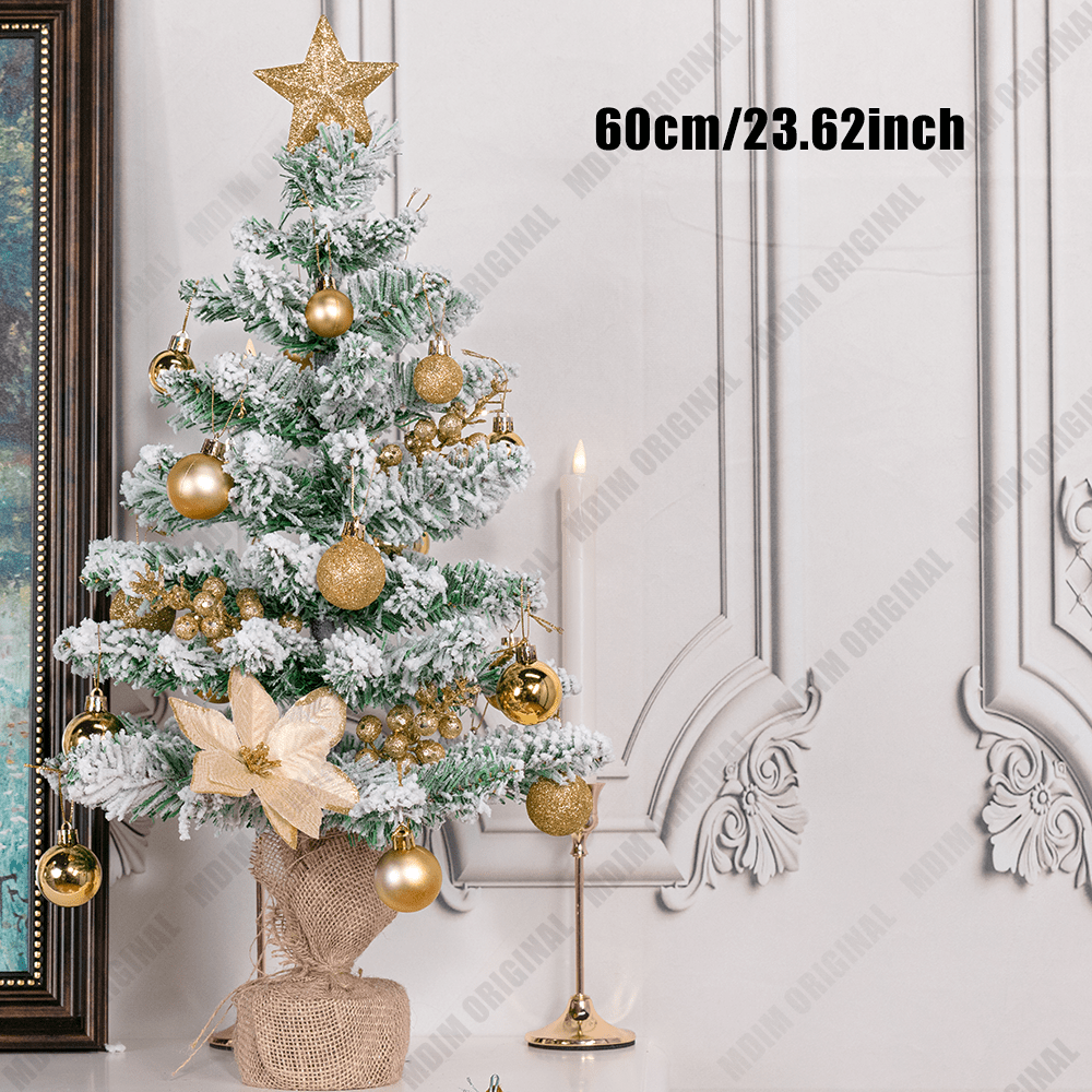 23.62inch Large Artificial Christmas Tree with Golden Topper & Golden Ornaments - Realistic Flocked Tree with Golden & Decorations, Soft Touch Plastic Holiday Decor For Home, Office, All-season Display, Christmas Tree Decorations
