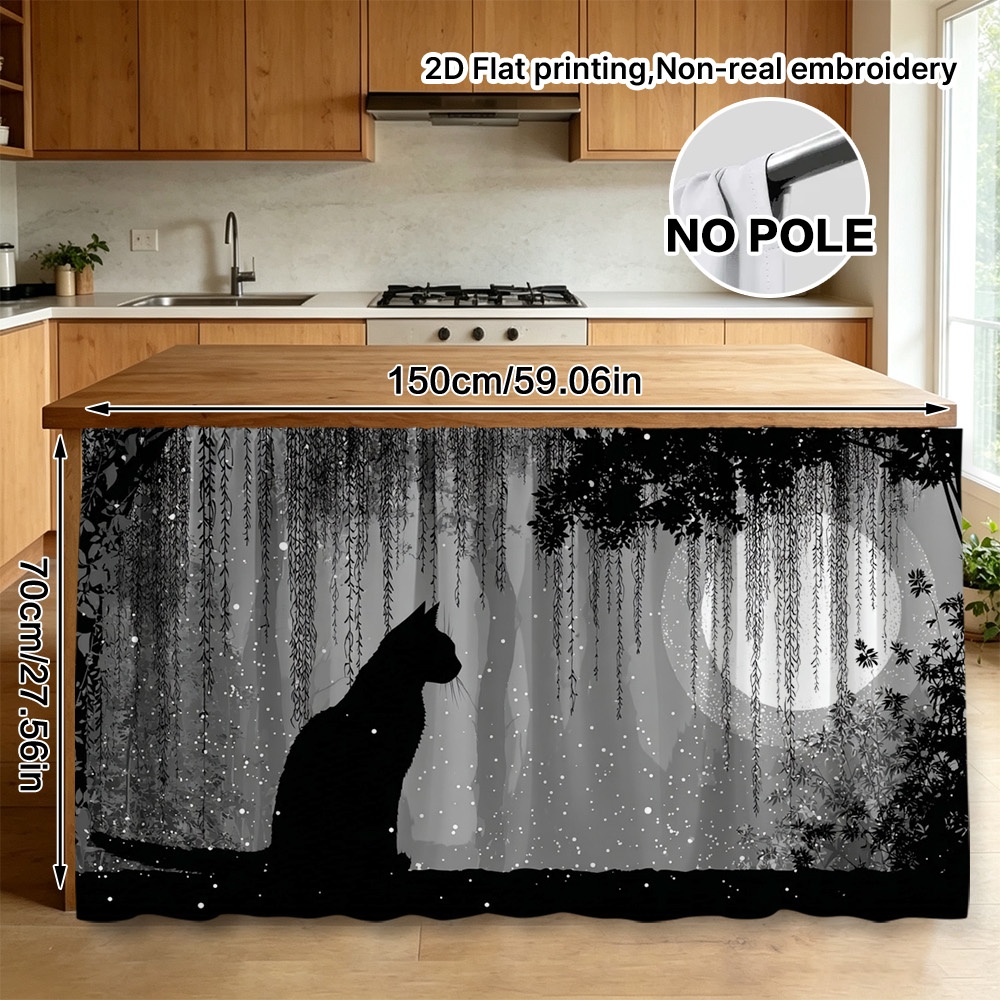 TEMU 2d Flat, 1pc Semi-sheer Rod Pocket Window Curtain Panel - Modern Cat-themed Panel Suitable, Dining Room,, Pocket, Machine Washable Polyester