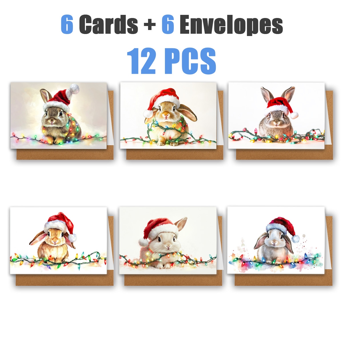 TEMU 1set/ 12pcs/ 24pcs Christmas Bunny Greeting Cards With Santa Hats | Includes Envelopes, Greeting Cards | Birthdays, Celebrations And Thank You