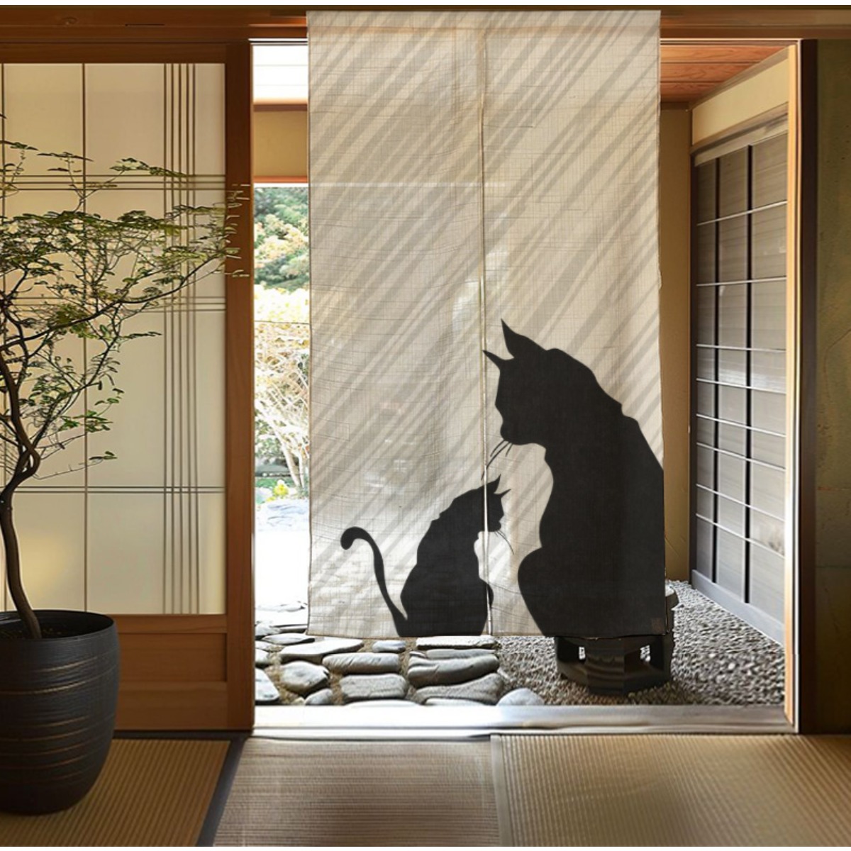 TEMU 黒猫ドアカーテン - モダンな黒パネルと猫の窓パネル、リビン、ベッドルーム、玄関＆窓仕切り用の軽量ファ - トな猫テーマ、簡単取り付け（ドライクリーニングのみ）