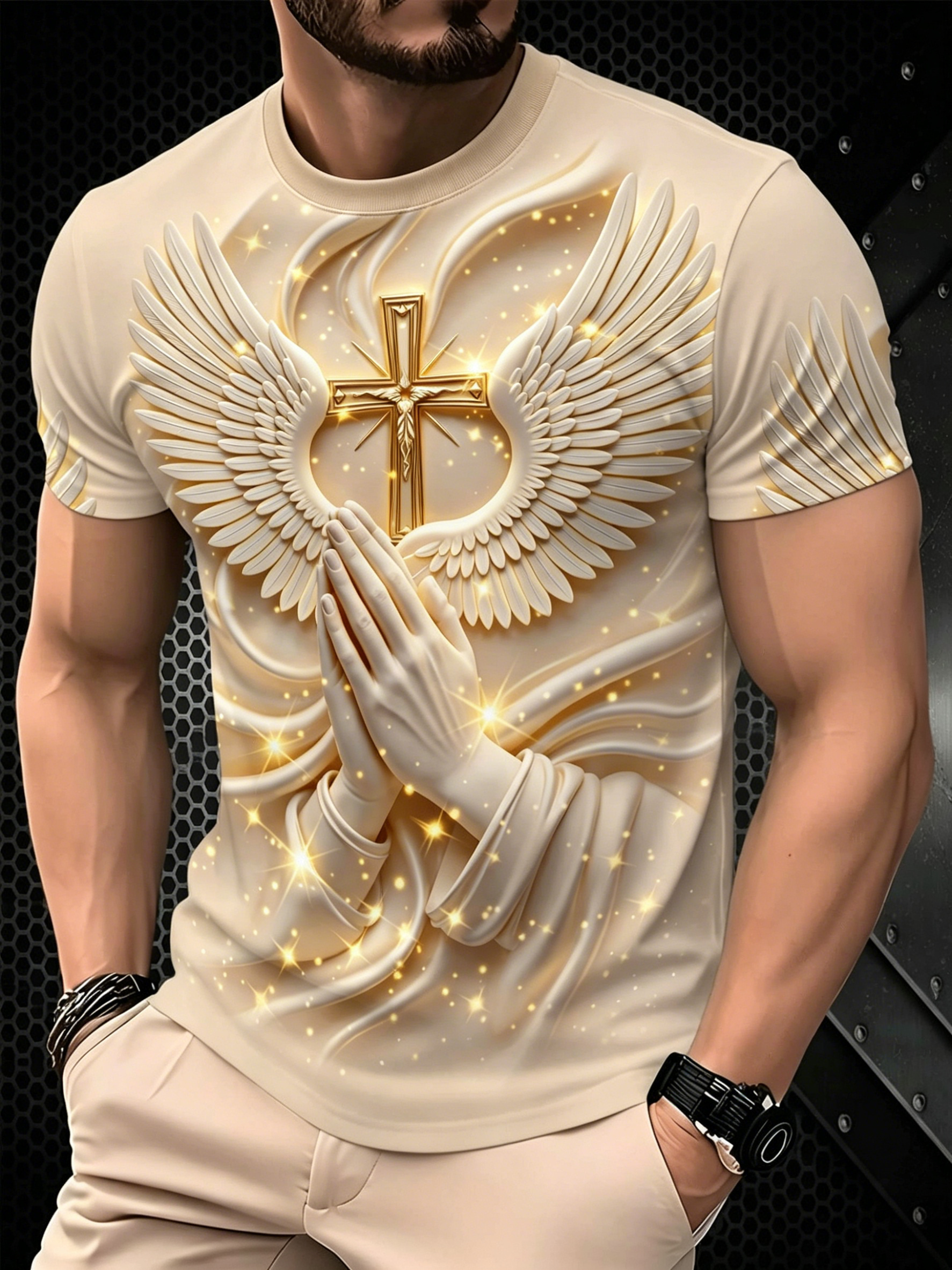 Mens beige prayer cross and wings print T shirt