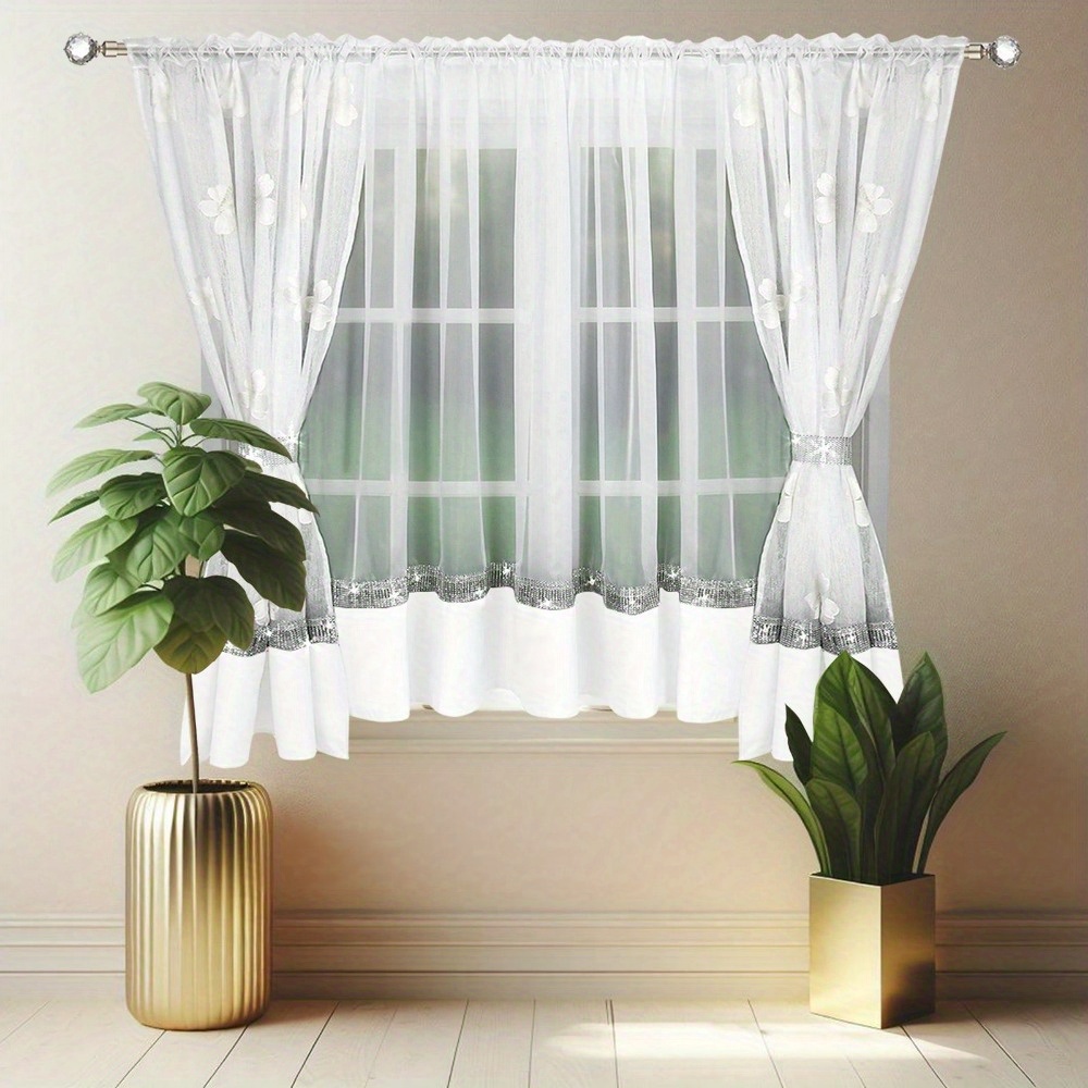 1pc Elegant Floral & Zirconia Lace Curtain Panel - Semi-sheer Privacy Window Drapes With Design, Rod Pocket, Machine Washable Fabric (white/ Grey) For Living Room & Bedroom - Luxury Window Treatments