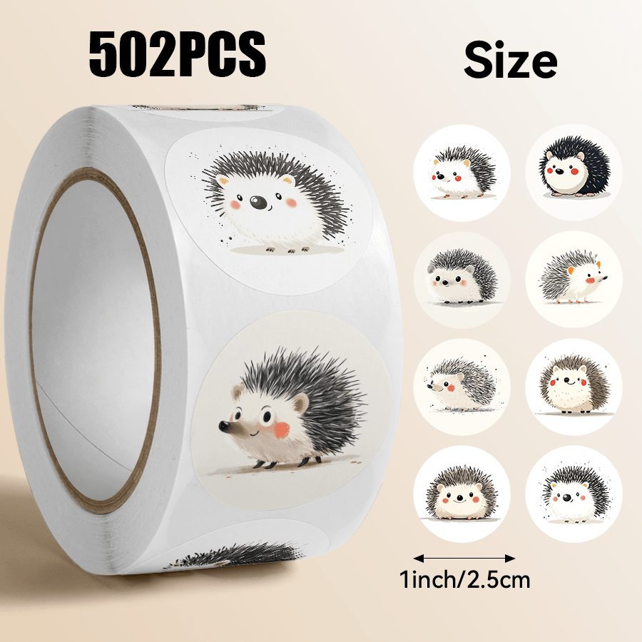 TEMU 502pcs/Rouleau, Autocollants Ronds Mignonnes Hérissons Style Aquarelle, Adorables Autocollants de d'Animaux, Convient pour la Décoration de