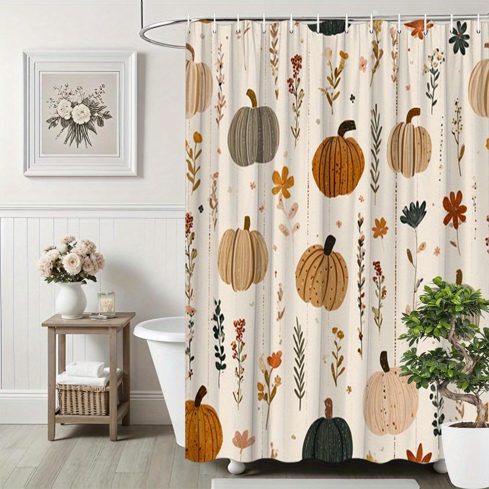 TEMU 1pc Autumn Pumpkin Floral Shower Curtain Cozy Fall Decor Featuring Colorful Pumpkins And Delicate Flowers Polyester Fabric Bath Hanging Curtain
